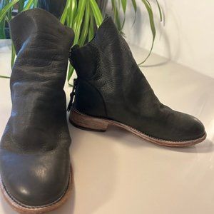 Women's- Fluevog Black Boot - (Living Foster Slouchy Flat Ankle Boot)